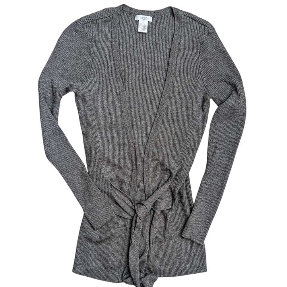 Cache XS Charcoal Grey Sweater Cardigan Tie Front Nylon Viscose Cashmere